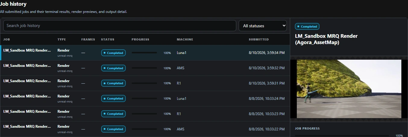 Actual GeoTech Render Control job history, with completed render jobs and a rendered frame preview.
