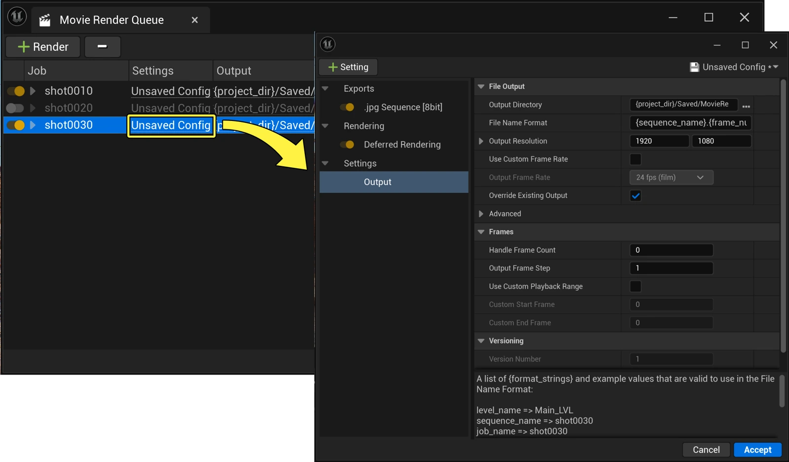 Unreal Engine Movie Render Queue with its Output settings panel open.